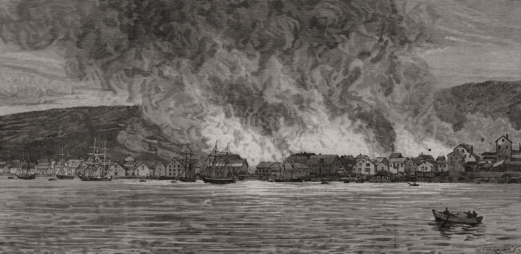 Destructive fire at Hammerfest, the most northerly town of Norway 1890 print